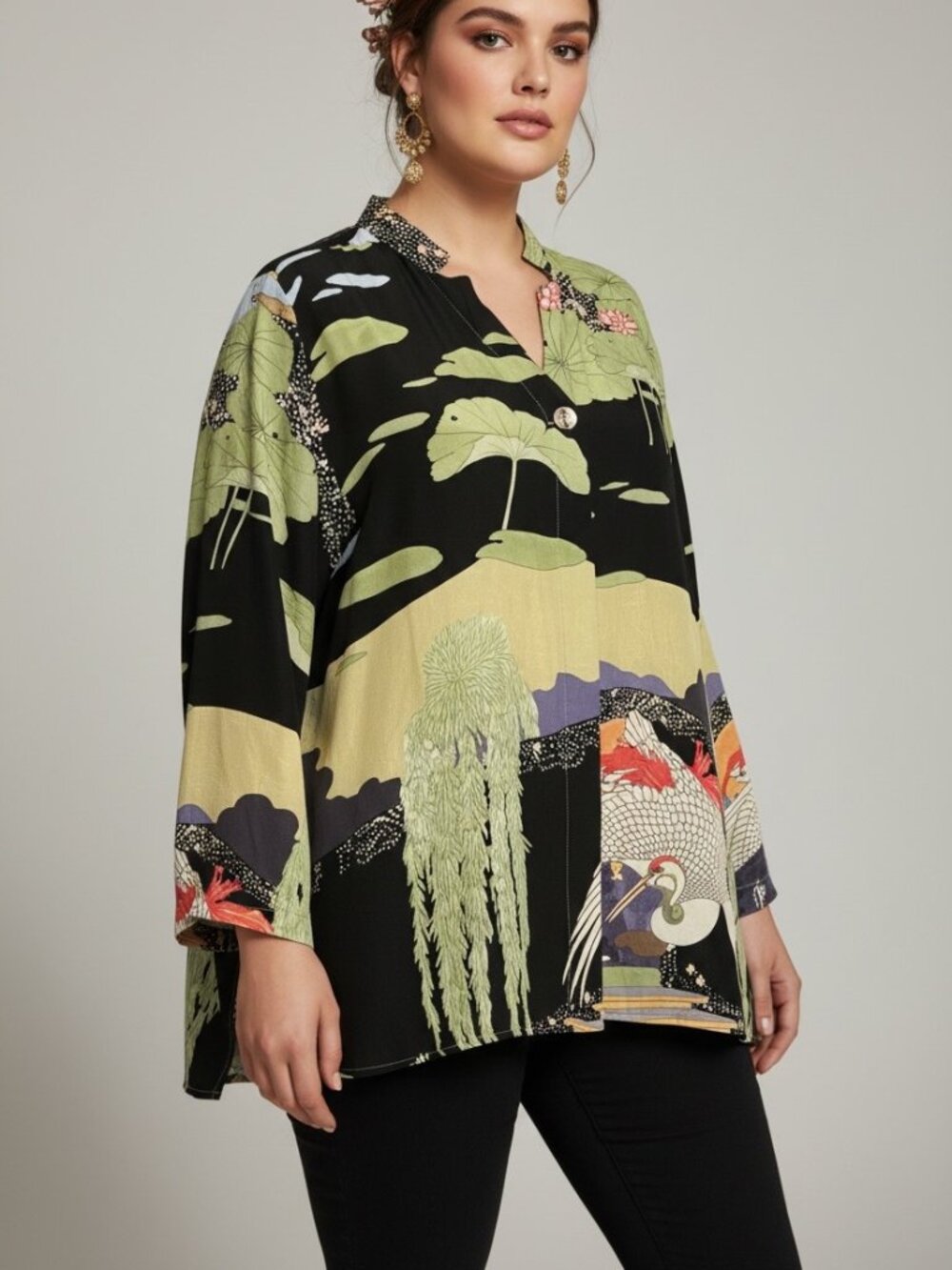 Citron Santa Monica 100% Silk Crane Print Tunic Sz 1X Chinoiserie Boho Cottageco
